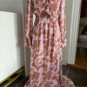 Lulus Floral Ruffle Full Length Spring Dress In Soft Pink and Brown Size S